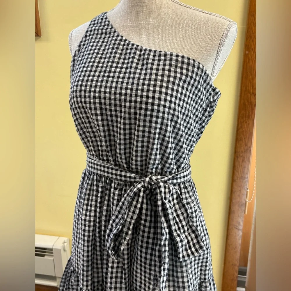 NEW Vineyard Vines Gingham Seersucker One-Shoulder A-Line Belted Dress 4 Plaid - Picture 6 of 13